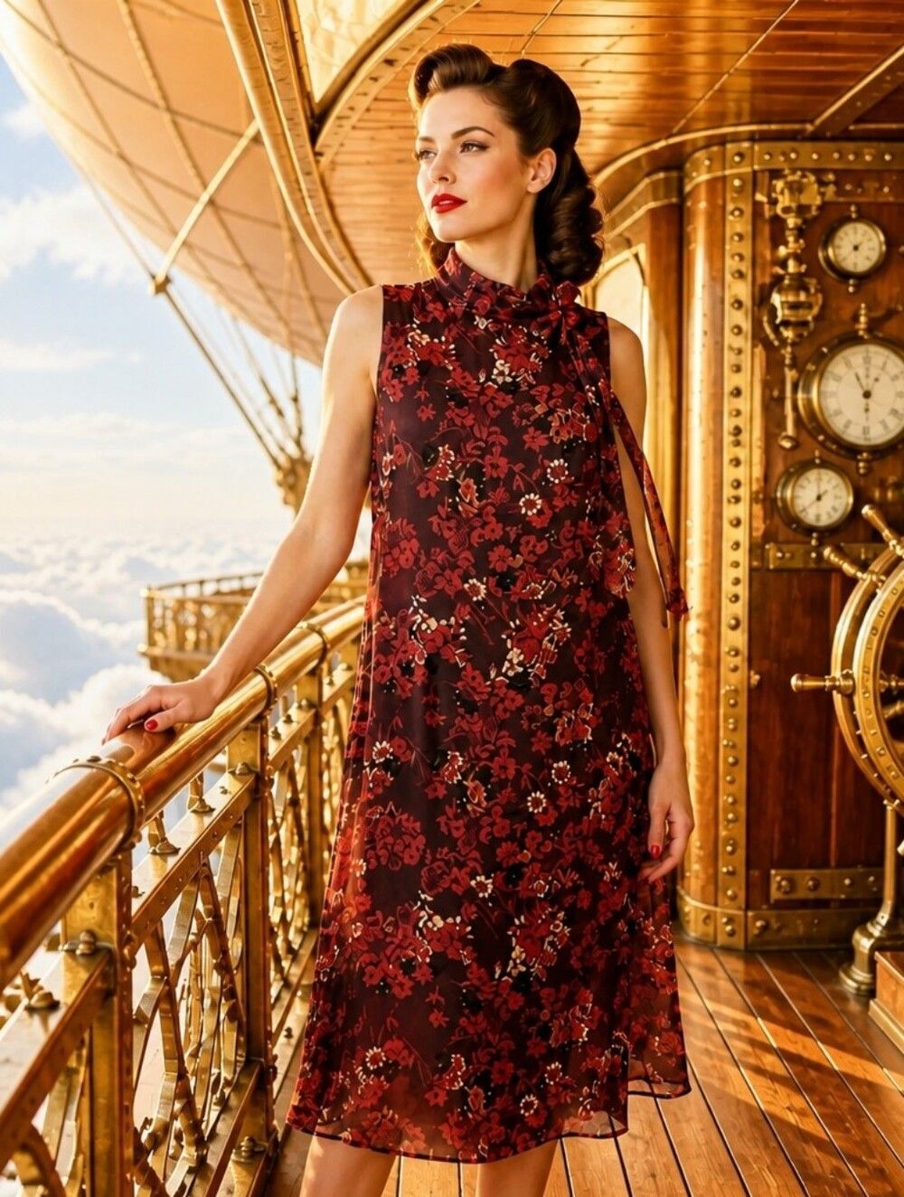 Calvin Klein Burgundy Red Floral Tie-Neck Midi Dress